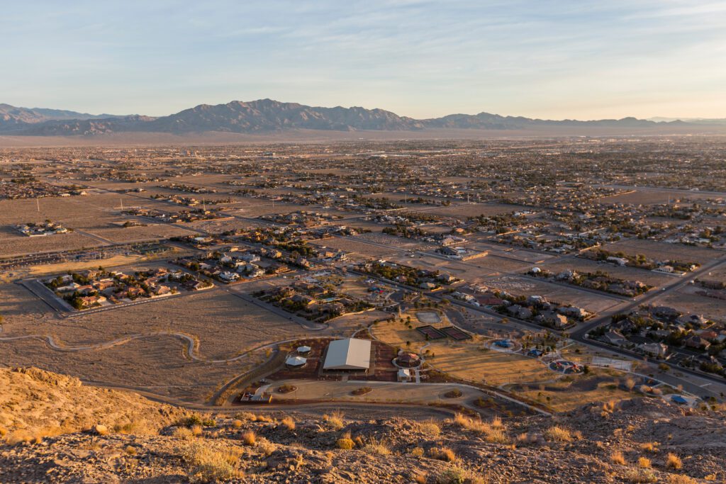 Early morning view of northwest Las Vegas from Lone Mountain in Clark County, Nevada, showcasing the expansive desert landscape and city skyline.