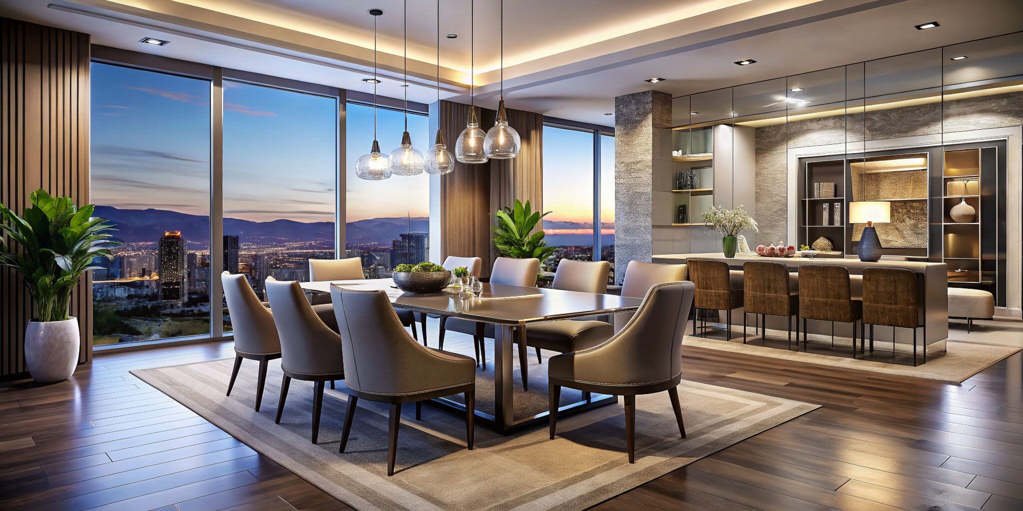 Luxury Las Vegas penthouse dining room with city skyline view at sunset