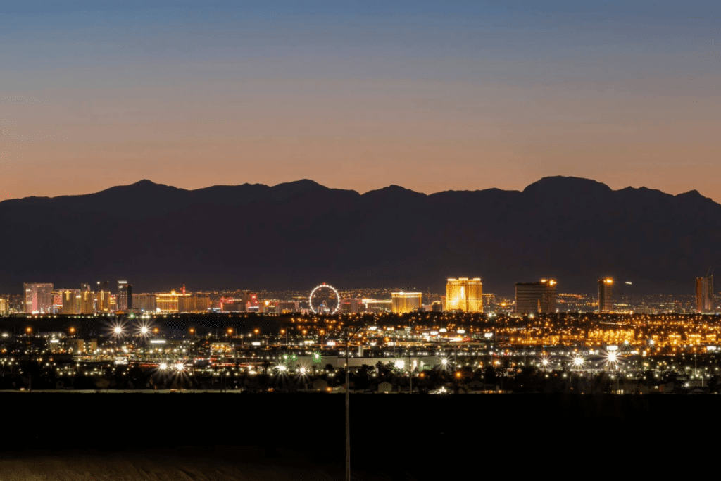 Las Vegas Strip skyline at twilight.