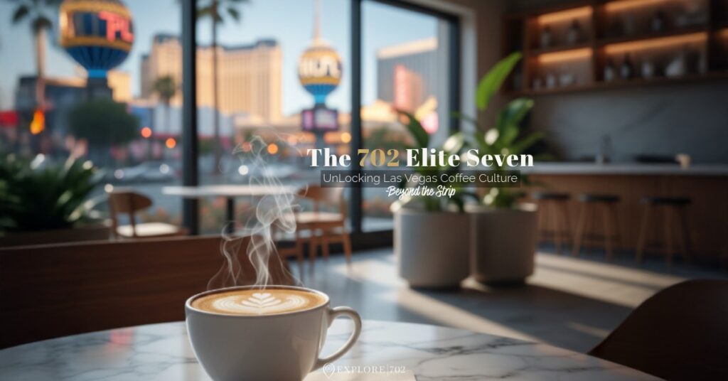 A steaming artisanal latte on a marble table with a blurred Las Vegas