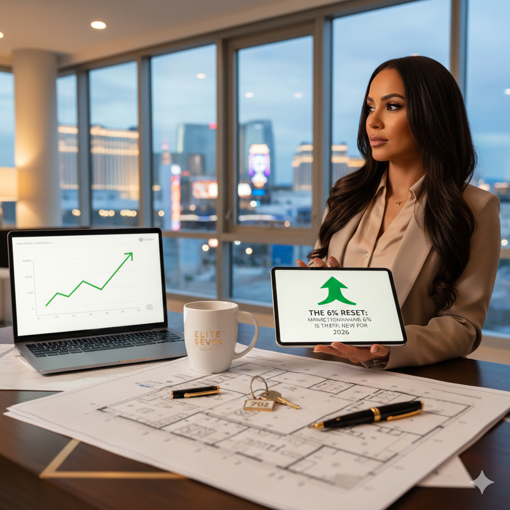 Professional real estate agent reviewing 2026 market trends and financial data in a modern Las Vegas office.