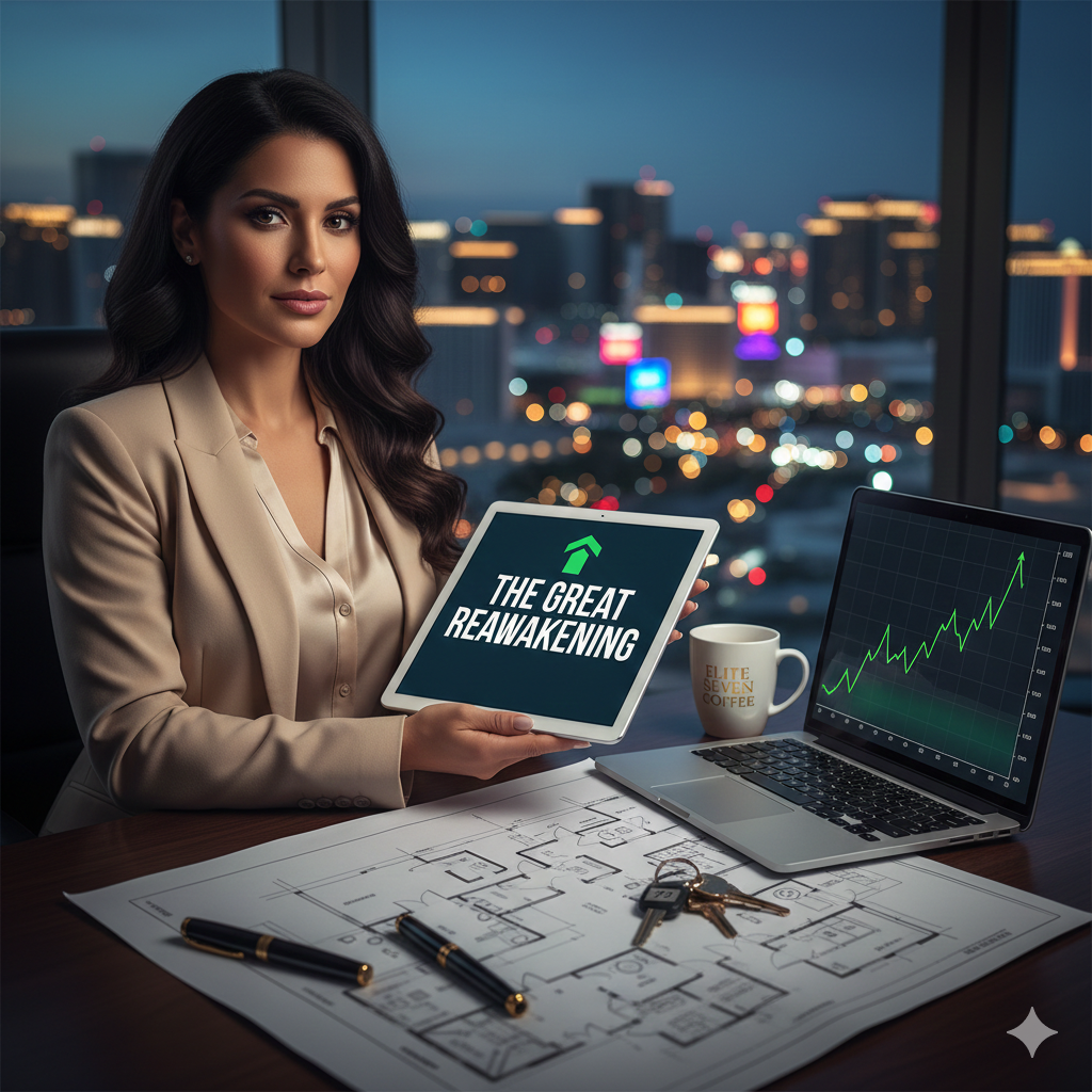 Professional real estate agent in a Las Vegas high-rise office holding a tablet with a 2026 market trend graph.