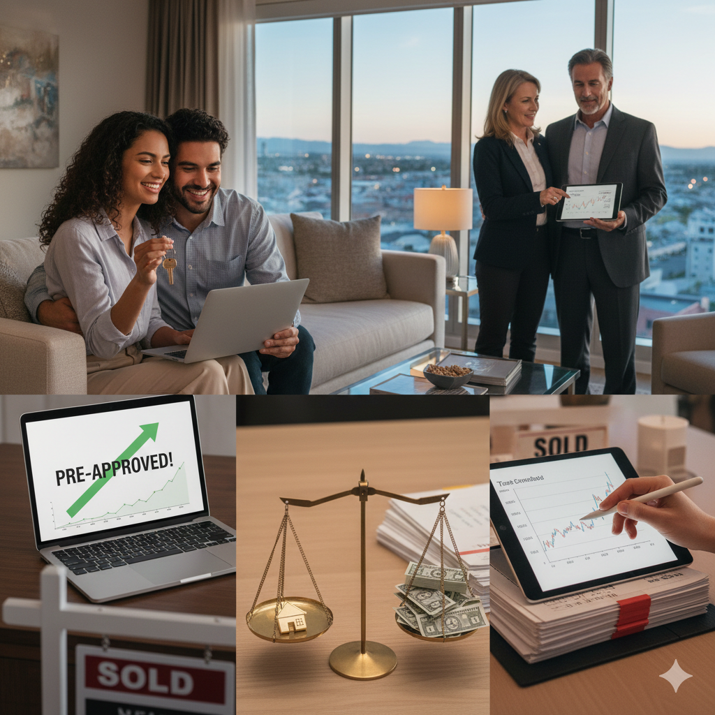 Collage showing a happy couple with keys, real estate professionals discussing data, and a scale balancing a home and cash.