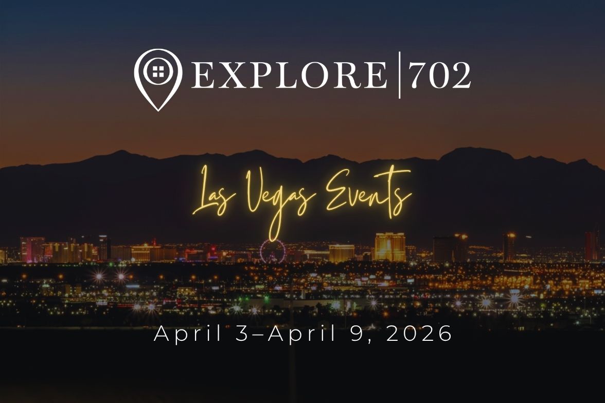 A stunning dusk view of the Las Vegas Strip skyline and mountains featuring the Explore 702 logo and text that reads "Las Vegas Events April 2–April 9, 2026" in neon yellow script.