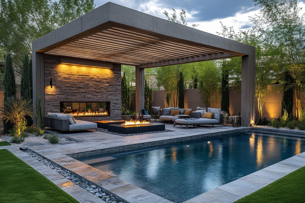 Luxury Las Vegas backyard featuring a modern pool, outdoor fire pit, and sophisticated lounge area under a contemporary pergola at dusk, representing high-end real estate value by Explore 702.
