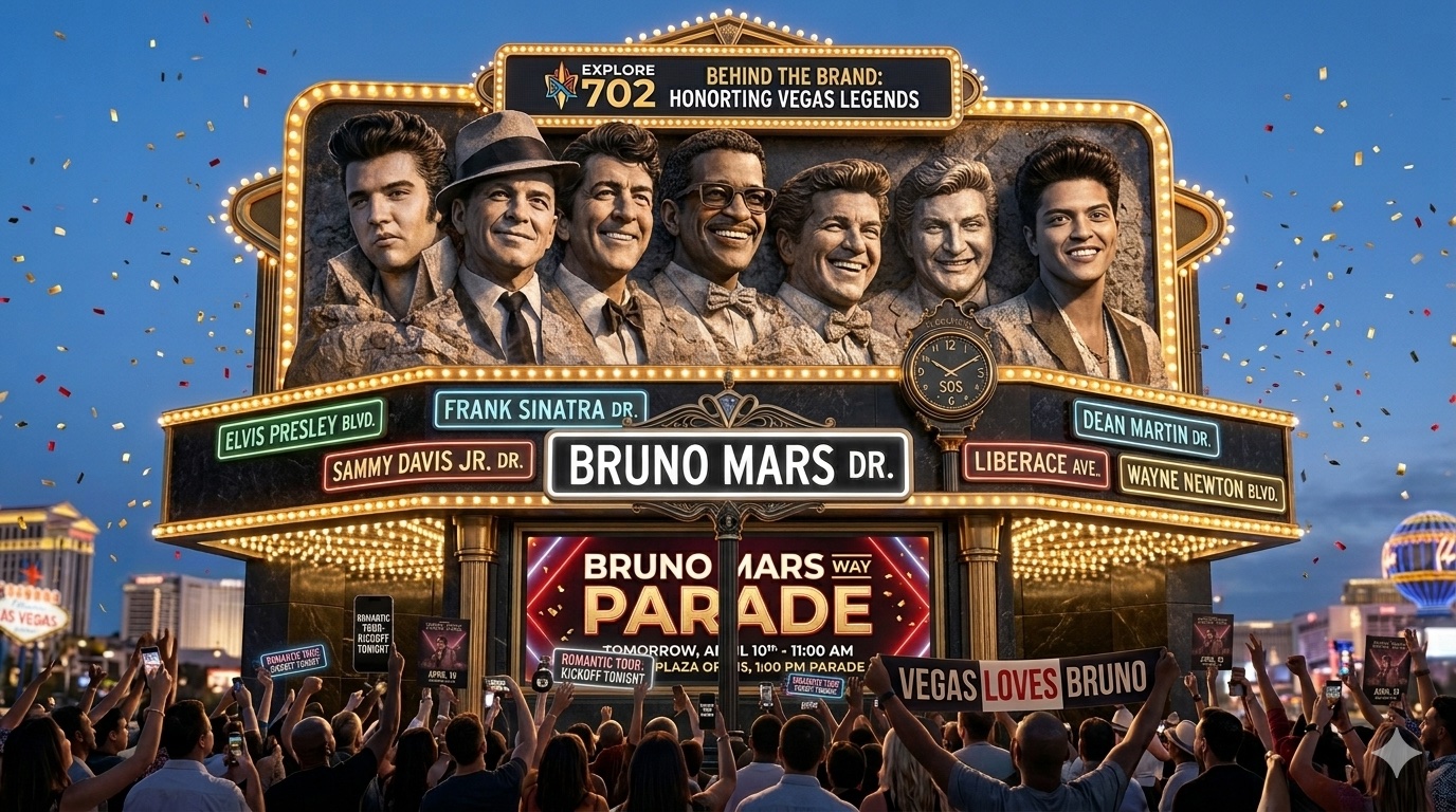 A high-resolution photo of a massive, illuminated monument in Las Vegas dedicated to legendary residency artists. The monument features detailed stone-and-metal portraits of Elvis Presley, Frank Sinatra, Dean Martin, Sammy Davis Jr., and Wayne Newton, alongside a newly added, smiling portrait of Bruno Mars. Multiple glowing neon-style street signs are mounted below, including 'ELVIS PRESLEY BLVD.' and 'WAYNE NEWTON BLVD.' The central, most prominent sign reads 'BRUNO MARS DR.' Below the signs, a large LED screen displays 'BRUNO MARS DRIVE WAY PARADE' with full event details. Confetti is raining down.