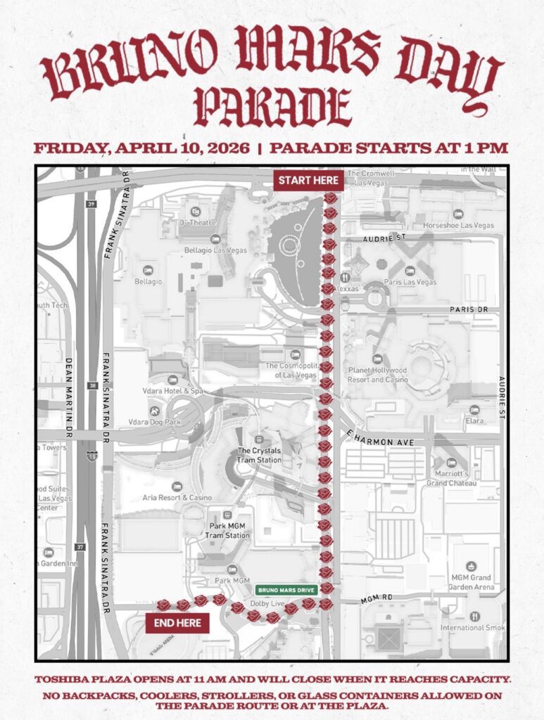 A clean, technical map of a portion of the Las Vegas Strip, centered around Bellagio and Park MGM. Old English text at the top reads 'BRUNO MARS DAY PARADE FRIDAY, APRIL 10, 2026