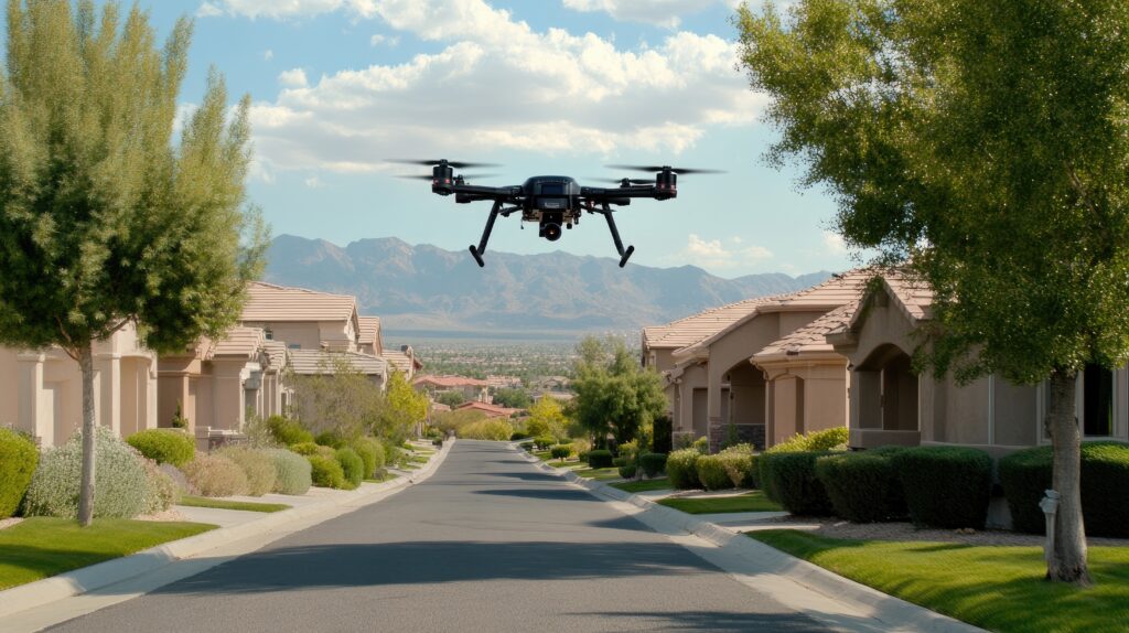 Professional drone capturing aerial footage of a Las Vegas residential neighborhood at sunset, symbolizing real estate market precision and localized data analysis by Explore 702.