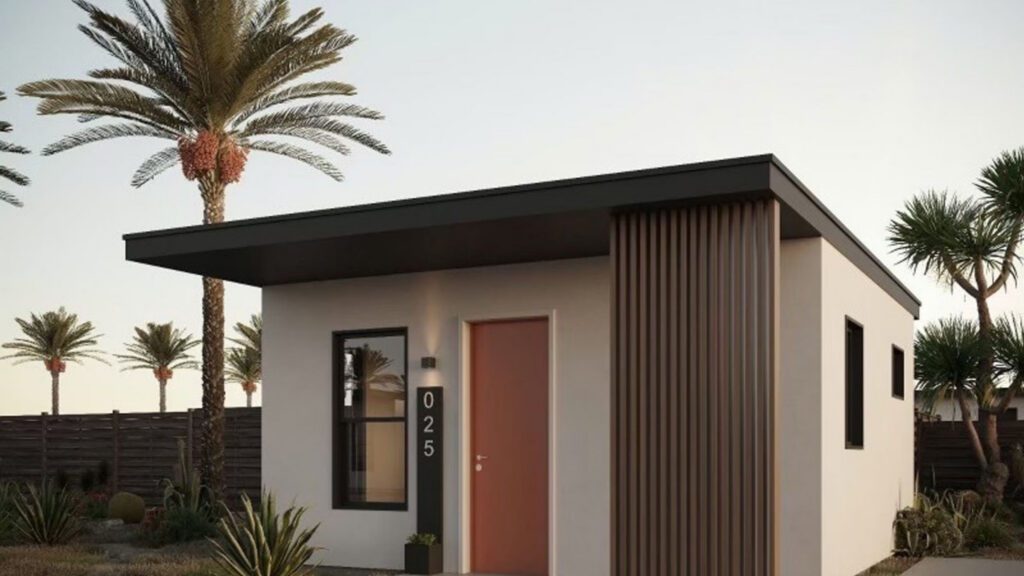 A modern, single-story modular tiny home by Boxabl in Las Vegas, featuring a flat roof, tan exterior with dark accents, and desert landscaping with palm trees. Caption: A look at the future of attainable living: The Boxabl modular units coming to the Sunridge on Searles community in East Las Vegas.