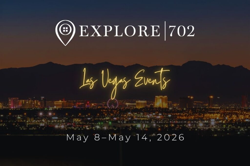 A stunning dusk aerial view of the Las Vegas Strip skyline with the "Explore 702 Las Vegas Events" logo and the dates May 8–May 14, 2026.