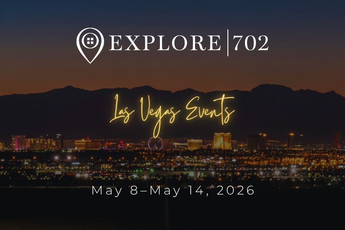 A stunning dusk aerial view of the Las Vegas Strip skyline with the "Explore 702 Las Vegas Events" logo and the dates May 8–May 14, 2026.