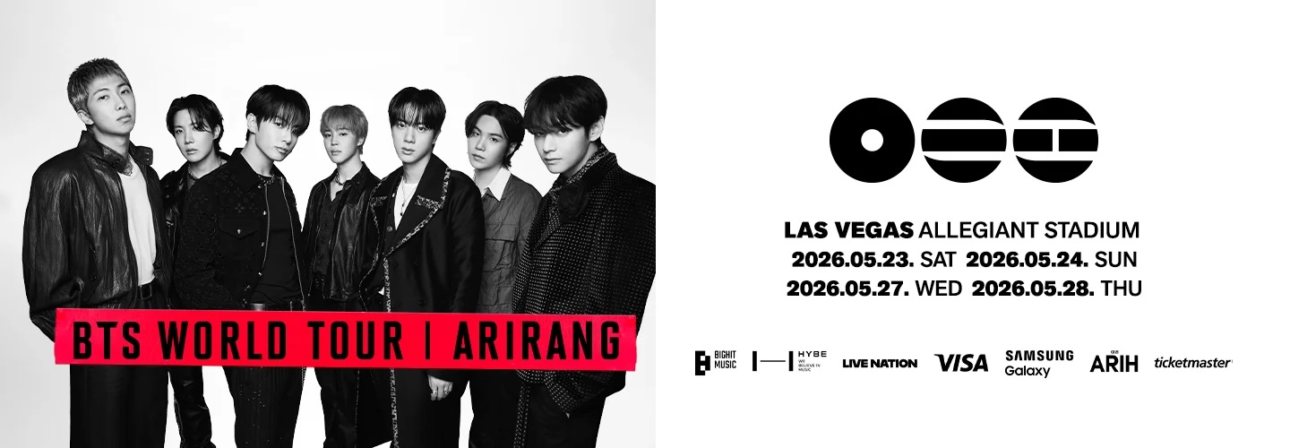 Explore 702 promotional image graphic for the 2026 BTS World Tour Arirang in Las Vegas, showcasing official event details for their four-night stadium run at Allegiant Stadium.