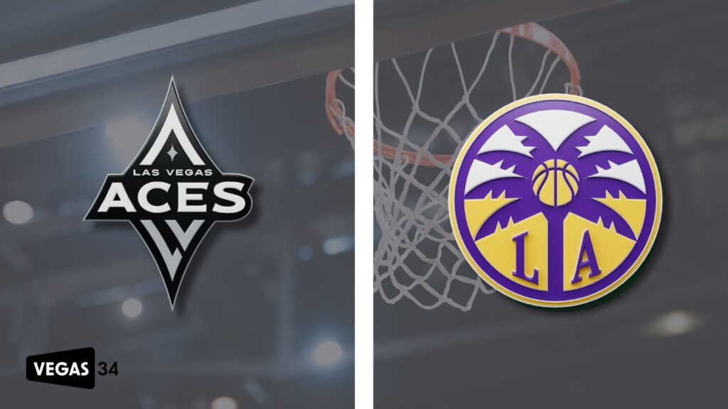 Promotional matchup graphic featuring the official silver and black Las Vegas Aces logo on the left and the purple and gold Los Angeles Sparks logo on the right, set against a blurred background of a basketball hoop and stadium lights.