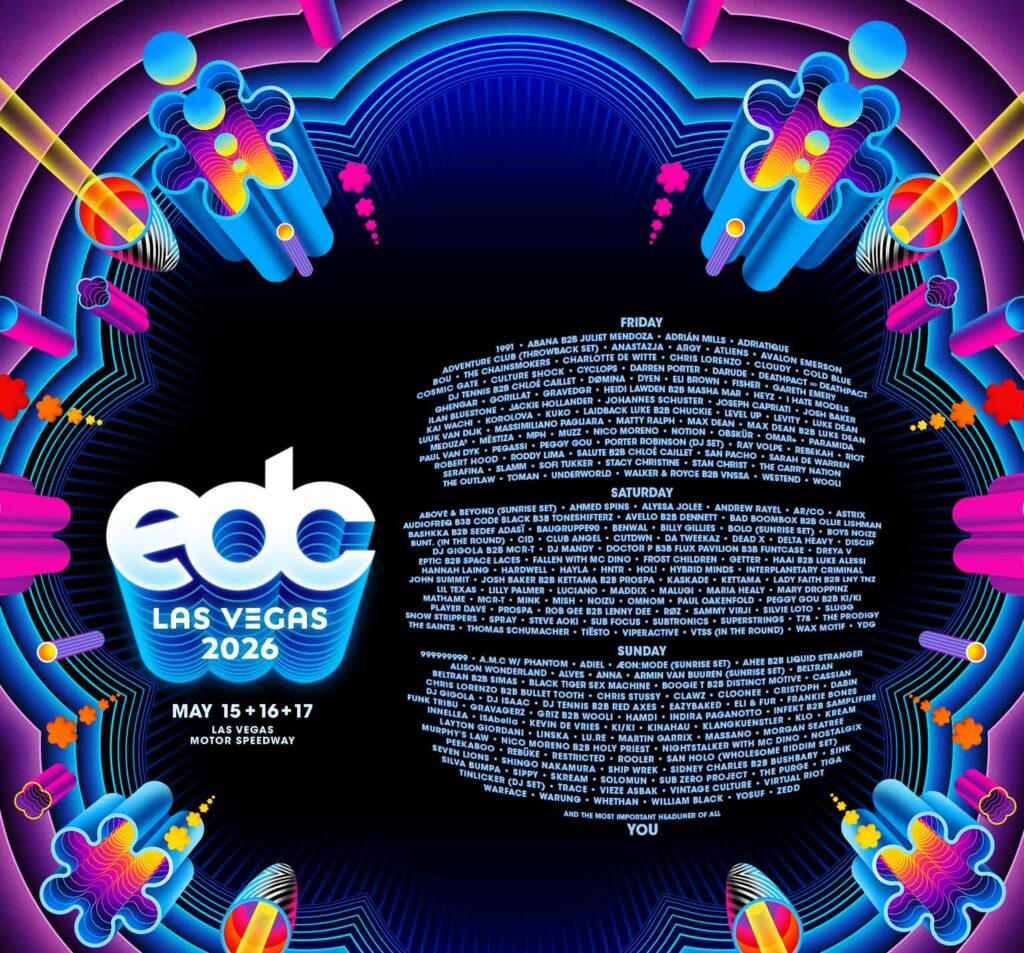 Official festival poster for EDC Las Vegas 2026 featuring the full artist lineup for the 30th Anniversary at the Las Vegas Motor Speedway, held May 15–17.