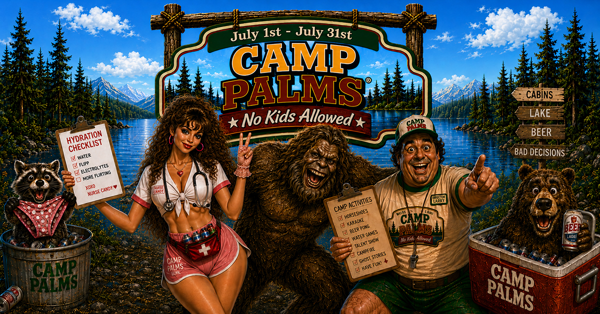 A vibrant 1980s summer camp themed cartoon flyer for Camp Palms No Kids Allowed at Palms Casino Resort, featuring a lake background, retro camp characters, Bigfoot, a bear with a beer cooler, and camp activity checklists.