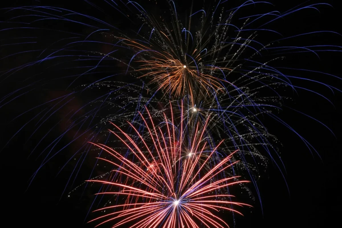 Vibrant red, white, blue, and gold fireworks ex