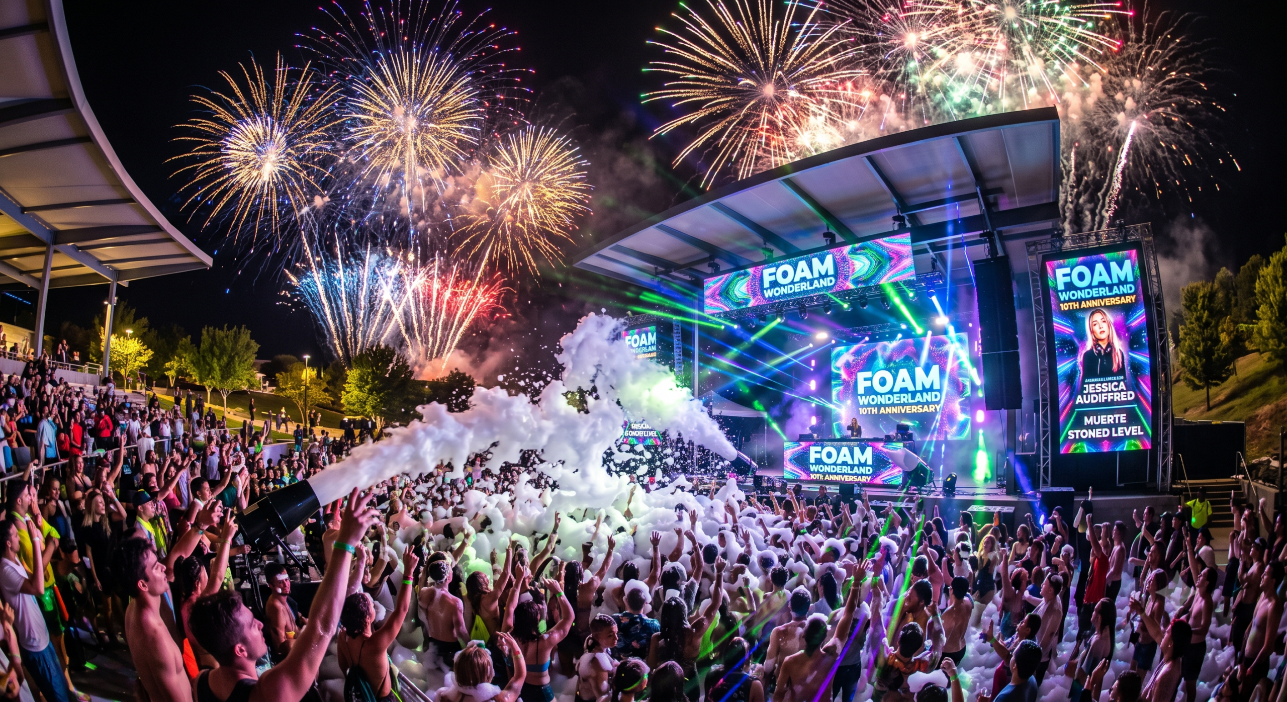 Massive outdoor electronic music festival at Craig Ranch Amphitheater in Las Vegas with industrial foam cannons blasting the crowd under a giant fireworks grand finale.
