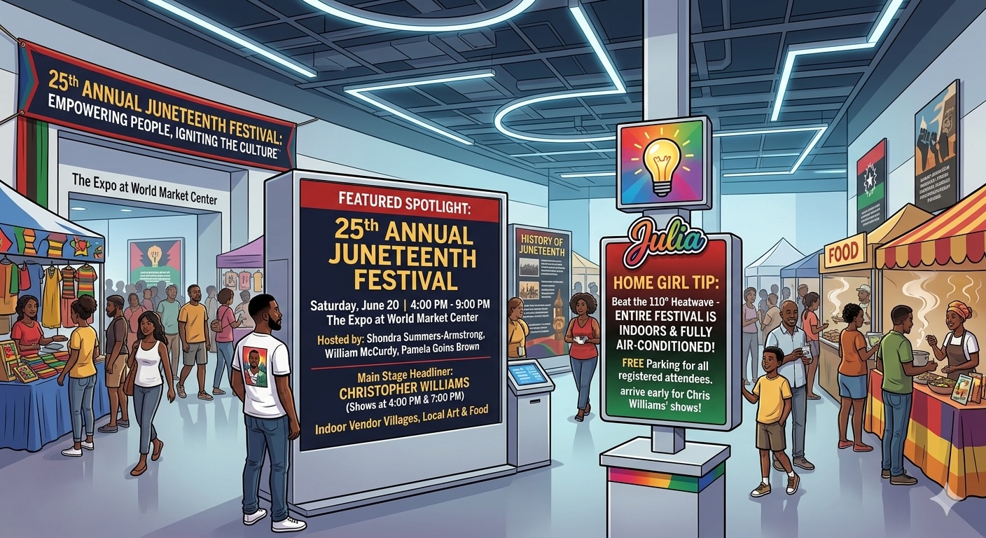 An illustrated indoor festival scene at The Expo at World Market Center featuring diverse crowds browsing local vendor stalls, a main stage sign for the 25th Annual Juneteenth Festival, and a 'Julia Home Girl Tip' sign highlighting the air-conditioned indoor venue.