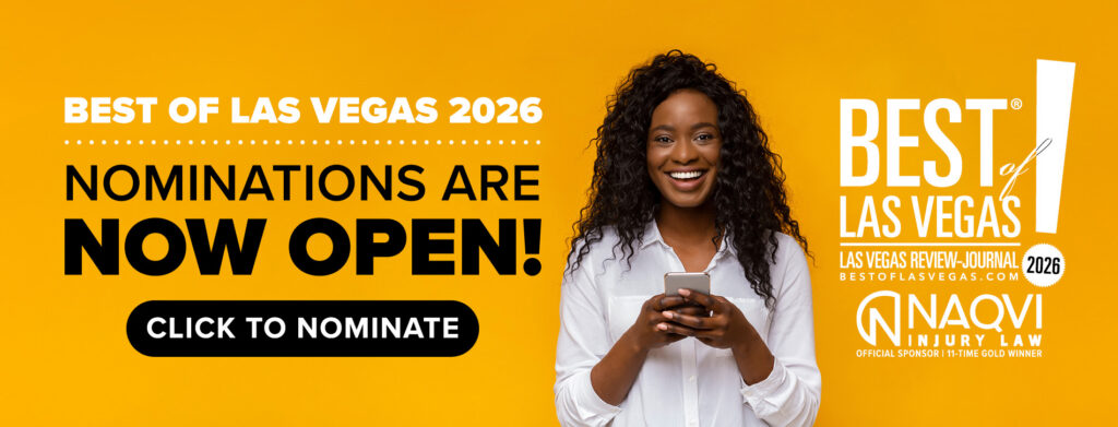 Best of Las Vegas 2026 nominations are now open horizontal web banner featuring a smiling woman holding a smartphone on a yellow background with a click to nominate button.