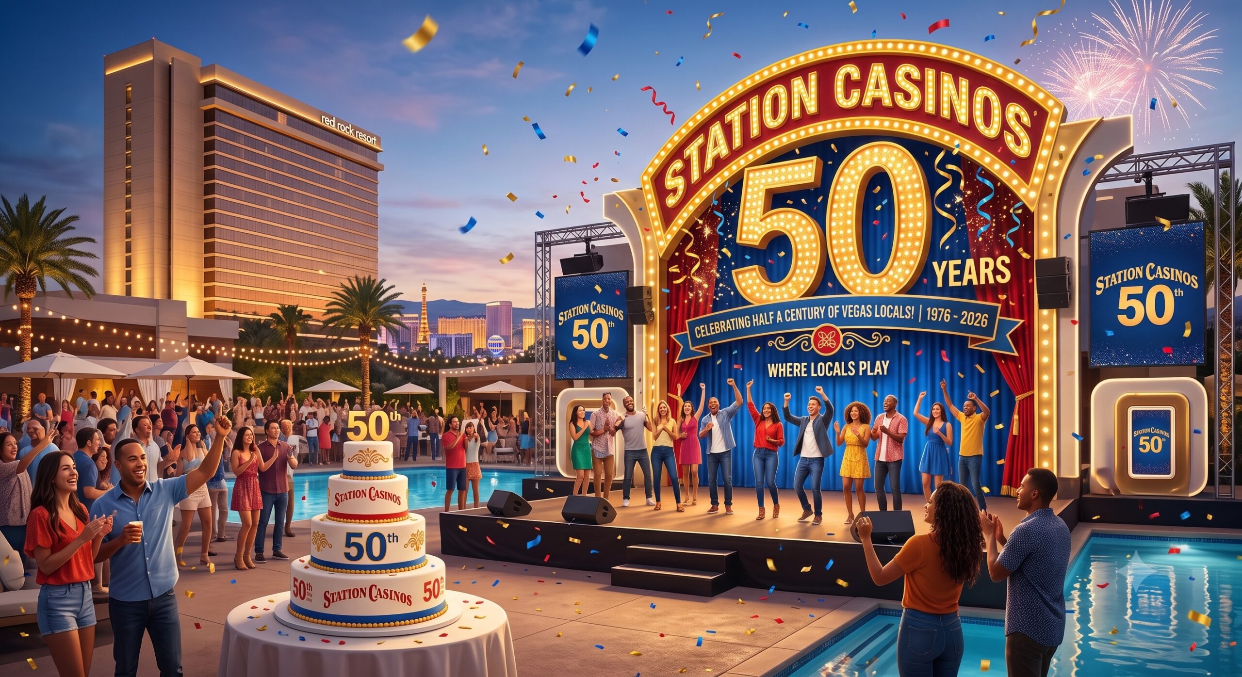 A vibrant outdoor evening pool party at a Las Vegas luxury resort celebrating the 50th anniversary of Station Casinos, featuring a grand stage with retro neon marquee signage reading "50 Years," a large tiered anniversary cake, a cheering crowd of locals, confetti, and distant fireworks over the Strip skyline.