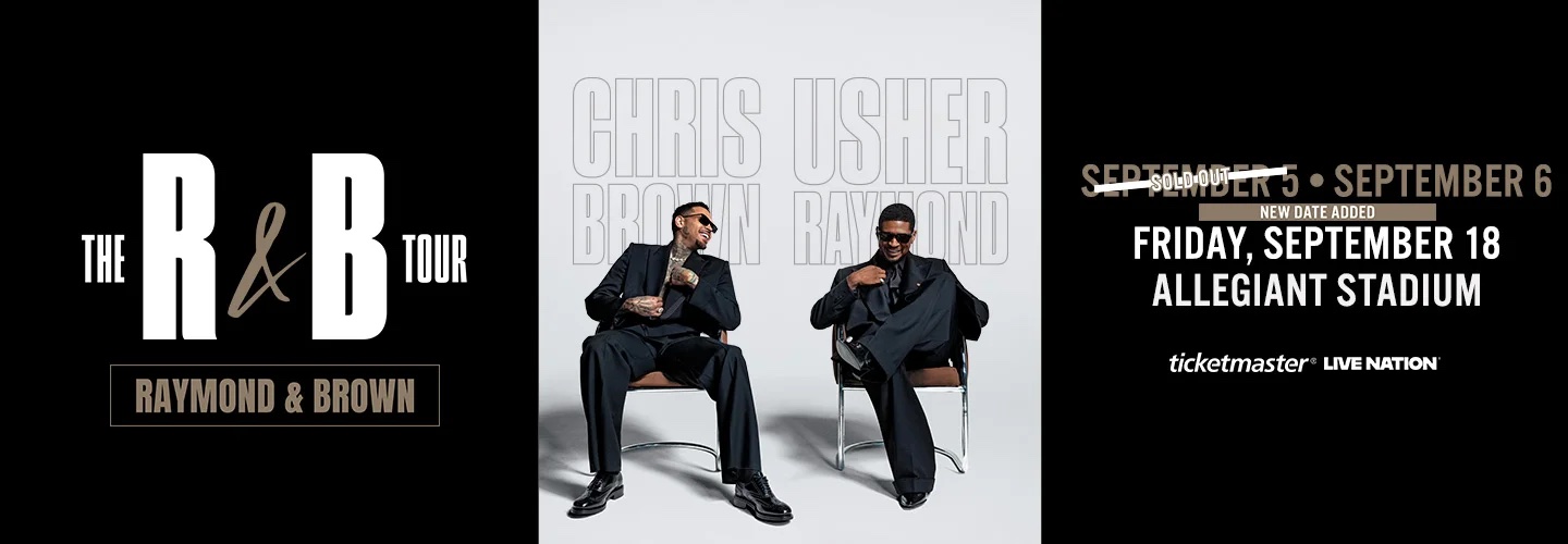 Promotional image for "THE R&B TOUR," co-headlined by Chris Brown and Usher. The central panel shows the artists in all-black suits, sitting in chairs against a white background. Their full names (Raymond & Brown) and first names (Chris and Usher) are layered behind them in outlining text. The left panel features the large tour title. The right panel is black with white text detailing the tour dates. A white line strikes through the September 5 date, with a "SOLD OUT" banner across it. "SEPTEMBER 6" and the newly added date "FRIDAY, SEPTEMBER 18" at Allegiant Stadium are clearly listed below. The Ticketmaster and Live Nation logos are at the bottom.