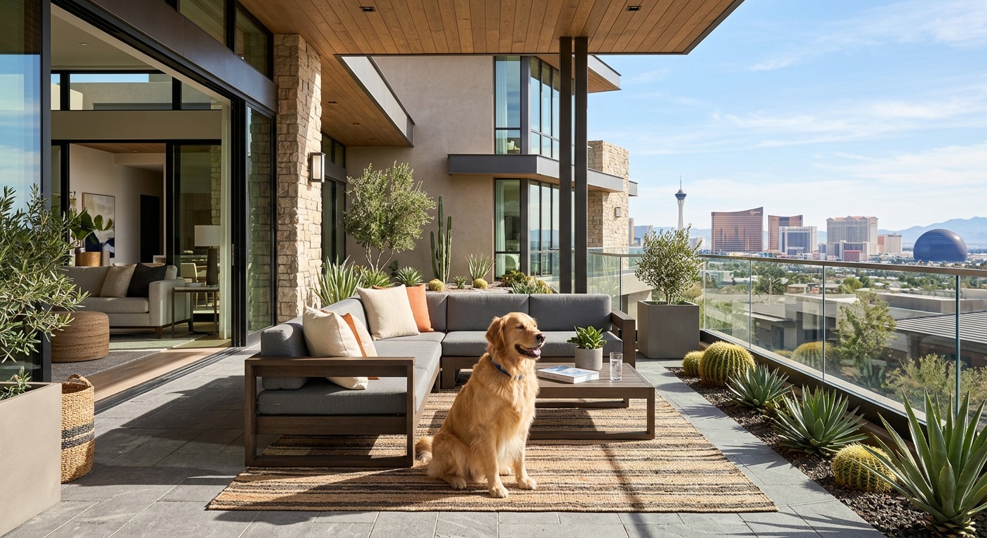 Golden Retriever sitting on a modern Las Vegas patio with views of the Las Vegas Strip skyline.