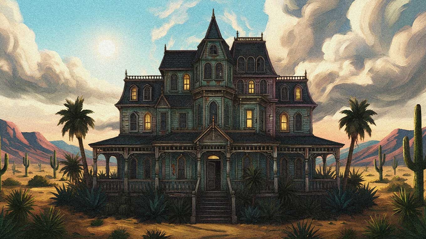 Illustrated Victorian haunted house in a desert landscape surrounded by palm trees and cacti for the Haunted Inn at Palms Casino Resort in Las Vegas.