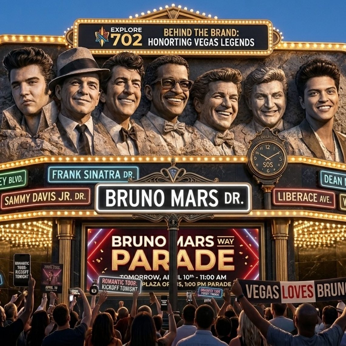 A high-resolution photo of a massive, illuminated monument in Las Vegas dedicated to legendary residency artists. The monument features detailed stone-and-metal portraits of Elvis Presley, Frank Sinatra, Dean Martin, Sammy Davis Jr., and Wayne Newton, alongside a newly added, smiling portrait of Bruno Mars. Multiple glowing neon-style street signs are mounted below, including 'ELVIS PRESLEY BLVD.' and 'WAYNE NEWTON BLVD.' The central, most prominent sign reads 'BRUNO MARS DR.' Below the signs, a large LED screen displays 'BRUNO MARS DRIVE WAY PARADE' with full event details. Confetti is raining down.