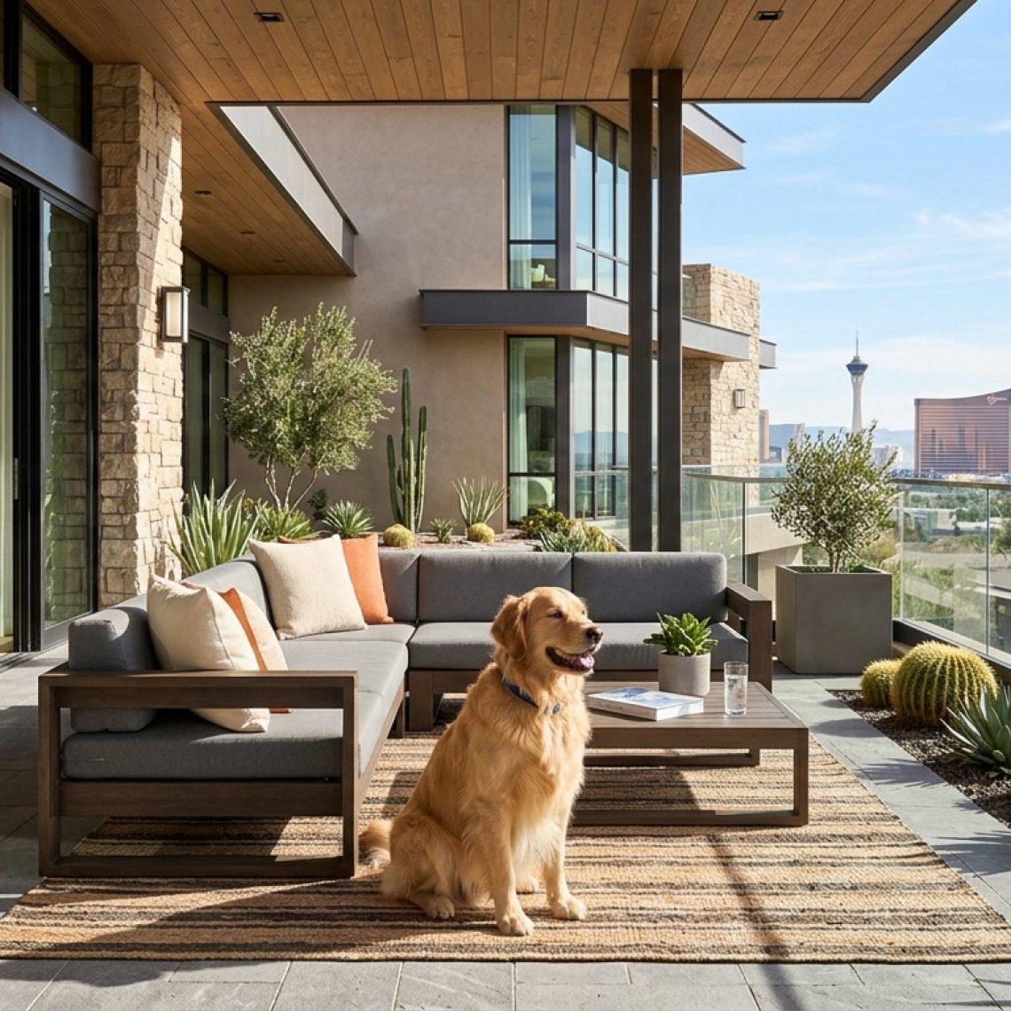 Golden Retriever sitting on a modern Las Vegas patio with views of the Las Vegas Strip skyline.