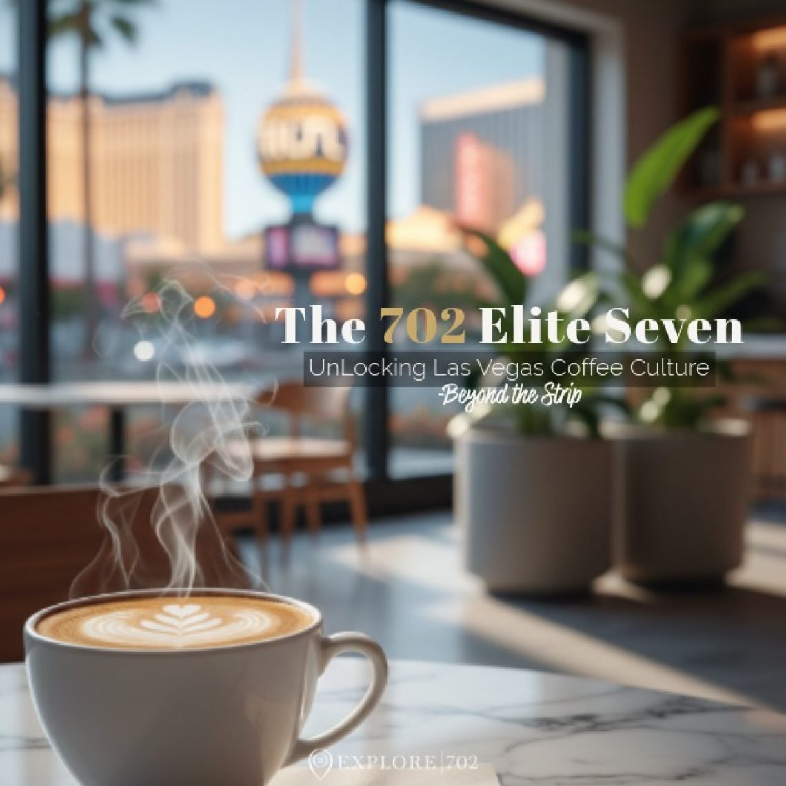 A steaming artisanal latte on a marble table with a blurred Las Vegas