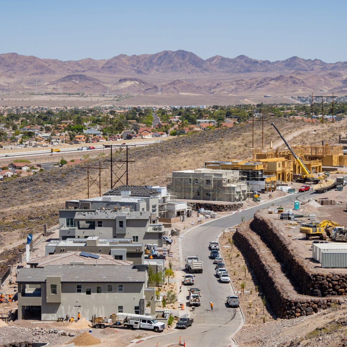 High angle view of a construction site in Las Vegas, building new homes, illustrating the city's booming real estate development and investment opportunities.